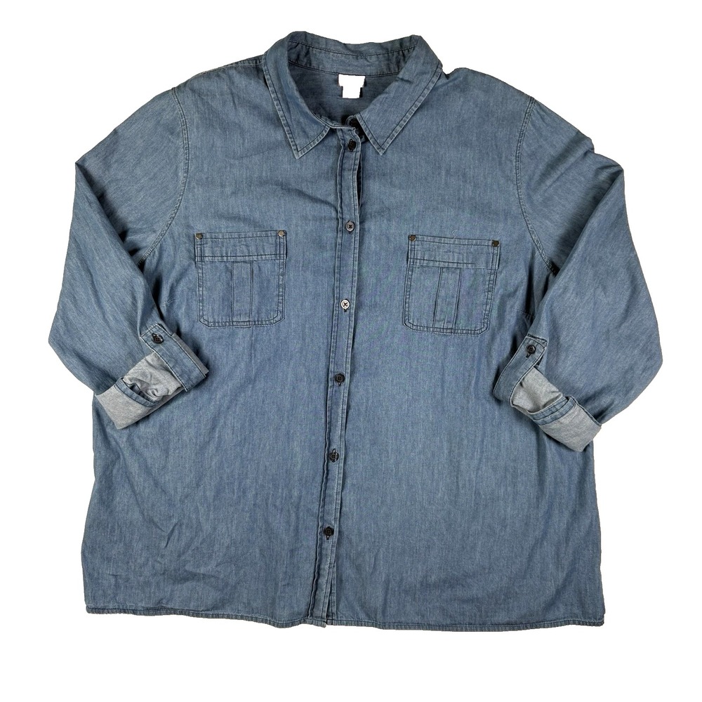 Laura Scott‎ Women's Denim Top Plus Size 2X Blue Roll Tab Sleeve Countrycore